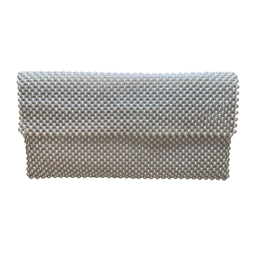 Pearl White Women’s Elegant Beaded Zipper Compartments Clutch Evening Bag